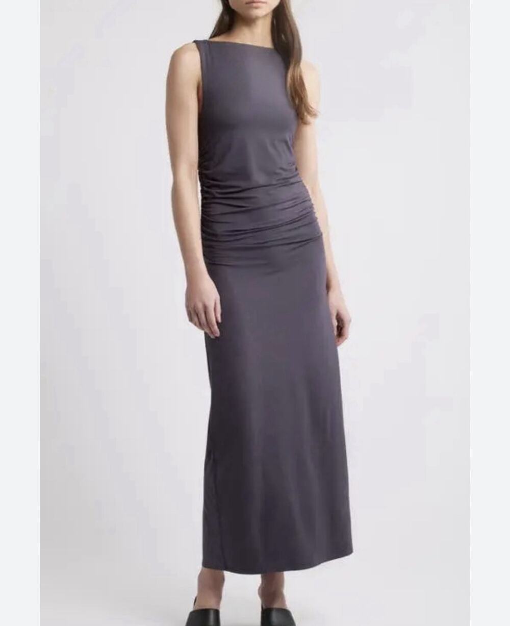 Rag & Bone Luca Shirred Wet Iron Round Neck Sleeveless Dress Gray Sz S $278
